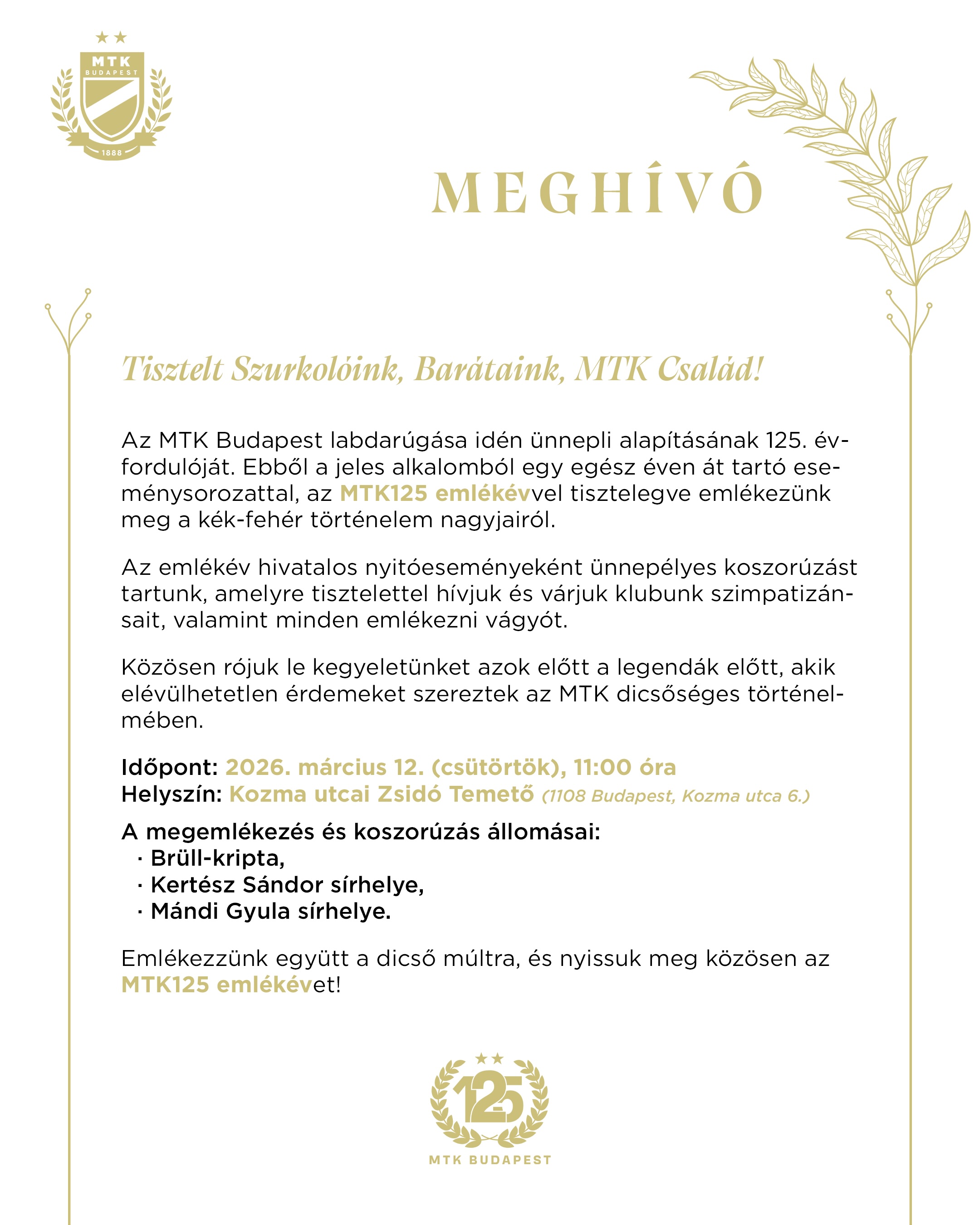 125 éves az MTK-futball - koszorúzásokkal indul az emlékév